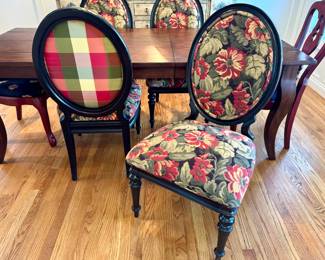 $200 (each) - Vintage style French floral upholstery chairs with plaid backs (4 available) - 23x28x42.5; $150 (each) - Painted Queen Anne dining chairs (2 available). 21x19x41