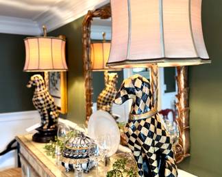 $450 (each) - Harlequin whippet table/buffet lamp “Theodore Alexander style” - 40x12 (2 available); $280 - Vintage Chinese Tureen
