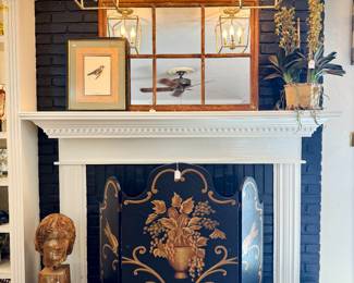 $150 Resin sculpture - 24h; $80 - Painted fireplace screen - 52x36; $48 - Bird art; $30 - Old grapevine-44”; $30 - Old grapevine- 41”; $100- 6 paneled mirror 43x30; $48 - Four orchids in square footed clay pot-7x7x7