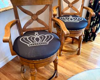 $250 (each) - Swivel counter height stools with crown design upholstery seat (2 available) - 23x20x39.5. Spot cleaning recommended.