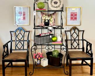$300 (each)- Chinese Chippendale style armchair (2 available) - 25x21x45; $200 - Metal Baker’s Rack - 32x20x77; $29 - Pink pillow; $48 (each) - Mikasa art (2 available)- 17x21