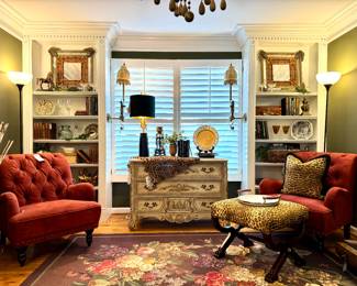 $400 - Vintage 3 drawer dresser with a tessellated top (currently sells new for $695) - 46x19x32; $280 (each) - Wine velvet tufted back chair (2 available)- 30x33x35.5; $400 - Ro Sham Beaux table lamp (new $800) - 12x31; $300 (each) - Reproduction Blackamoor sconce with a wonderful shade (2 available) - 36h; $300 - Ralph Lauren like cheetah ottoman - 23x23x19