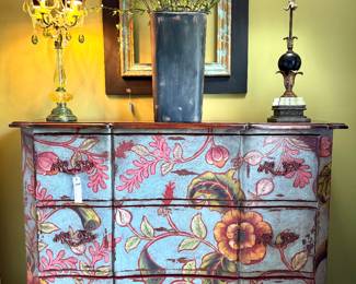 $800 - Duchess Dresser/Chest hand painted - 66x22x45; $48 - vintage look green glass lamp; $48 - frame - 34x30; $60 - Sculptural lamp- 39”; $40 - Large container with wall hanging and faux plants-12x25