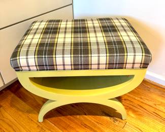 $200 - Footstool ottoman with plaid upholstered cushion with light green legs - 25x19x19