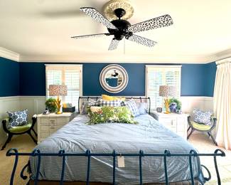 $1200 - Brown Jordan king size bed, distressed blue paint - Mattress and box spring included; $250 (each) - Chunky painted nightstand (2 available)- 34x22x31; $68 (each) - Table lap with gold base and black and white lampshade (2 available)- 31”; $28 (each) - Chinoiserie style blue and white ginger jar (2 available) - 19”; $400/each curule bench with ram head and hoof accent; $28 - blue and white pillow - 20x18