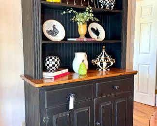 $600 - Distressed black push back wood cabinet/hutch with a natural wood serving top - 50x19.5x85.5