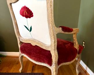 $650 - Baker Furniture Bergere chair with red (possibly mohair) seat with embroidered red flower - 27x23x37