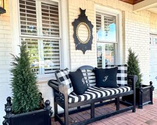 $100 (each) - Black planter with greenery (2 available) -22x22x22; $60 - Wood outdoor black bench with cushion (as is) (cushions and pillows need replacing) - 65x25x37; $28 - composite wood wall decor