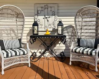 $300 (each) - outdoor wicker peacock chair (2 available); $400 - metal outdoor table with concrete top, painted -43x15x33; $80 - wooden panel large format clock; $22 (each) - outdoor lantern (2 available)
