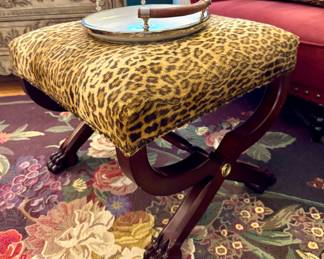 $300 - Ralph Lauren like cheetah ottoman - 23x23x19; $38 - White ceramic tray with wood handles - 15 round