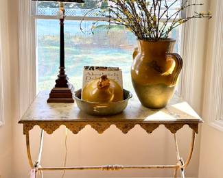 $80 — Antique look French confit pot with yellow glaze; $100 - Console side table with distressed finish- 37x22x32; $34 - Judy Westegaard bowl- 13; $70 - buffet lamp with striped shade - 36