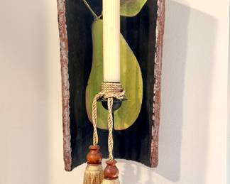 $68 - Rustic wall sconce with a painted pear, candle holder, and tassel - 7x15x3