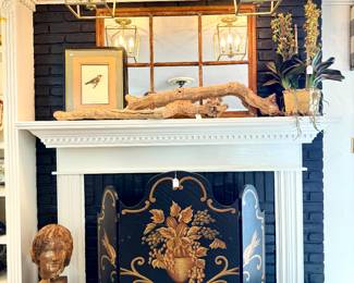 $150 Resin sculpture - 24h; $80 - Painted fireplace screen - 52x36; $48 - Bird art; $30 - Old grapevine-44”; $30 - Old grapevine- 41”; $100- 6 paneled mirror 43x30; $48 - Four orchids in square footed clay pot-7x7x7