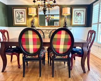 $200 (each) - Vintage style French floral upholstery chairs with plaid backs (4 available) - 23x28x42.5; $150 (each) - Painted Queen Anne dining chairs (2 available). 21x19x41