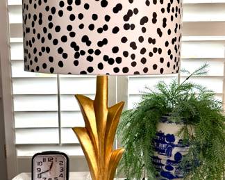 $68 (each) - table lap with gold base and black and white lampshade (2 available)- 31”; $28 (each) - Blue and white chinoiserie style ginger jar with greenery (2 available)- 19”