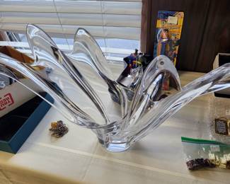 "Wave" Crystal Centerpiece Sculpture, etched on bottom "Cofrac Art Verrier France." 1970s. 28" W x 12" H x 9" D.