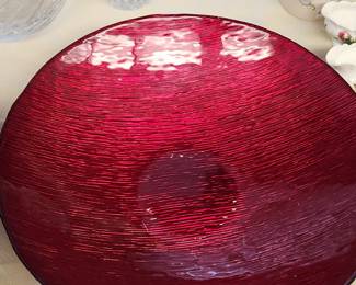 Red Glass Shallow Bowl with irregular striation
