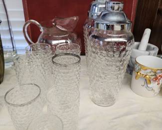 Depression Glass Bar Set with Pitcher, 2 Shakers and misc glasses