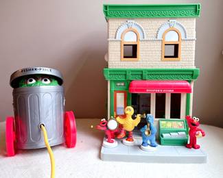 123 sesame street playset hoopers store and fisher price oscar the grouch pull toy