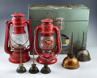 MidCentury Lanterns, Oil Cans and Storage Box 
