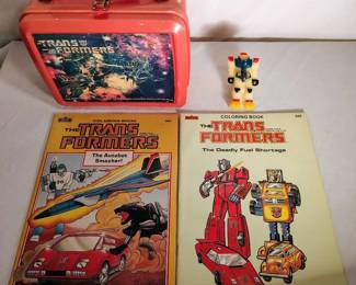 1984 Transformer Lunch Box, Vintage Jelin Night Light And Vintage Coloring Books