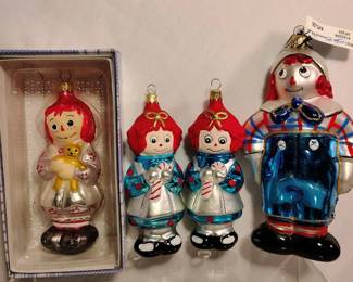 3 Vintage Kurt S. Adler Raggedy Ann  Andy Glass Ornaments