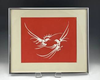 Vintage Chinese Framed Paper Cut of Two Birds