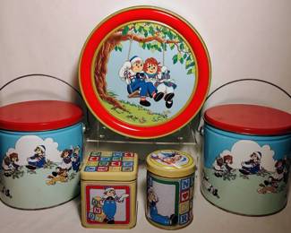 80s Macmillian Raggedy Ann  Andy Collectors Pails And Cookie Tin Cans