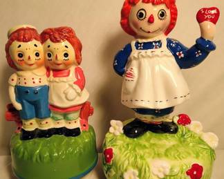 1974 Porcelain Raggedy Ann Music Box And Vintage Ceramic Raggedy Ann Andy Music Box