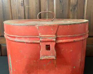 Vintage Red Metal Hat Box