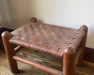 Vintage Primitive Wooden Footstool With A Woven Seat