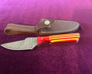 Damascus Blade W Red Yellow Handle Sheath
