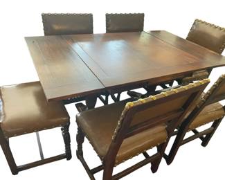 Convertible Vintage Table With Six Spindle Frame Leather Like Studded Chairs
