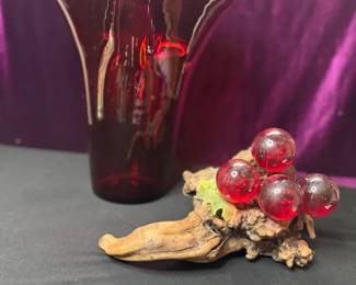 MidCentury Modern Grape Cluster On Piece Of Driftwood With A Ruby Red Flared Vase