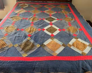 Vintage Blue Red Diamondpatch Handmade Quilt