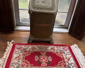 Antique Brass Cole Or Kindling Box And Small Vintage Area Rug
