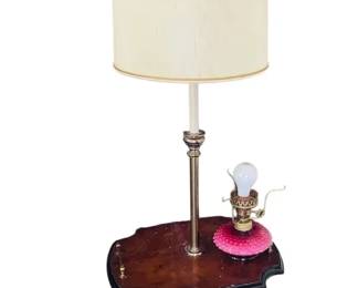 Vintage Stiffel Brass Wood Floorlamp With Pink Hobnail Table Lamp