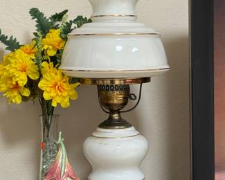 Hurricane milk glass lamp
