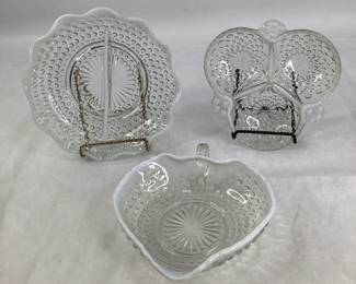 Three Hobnail Opalescent Moonstone Dishes