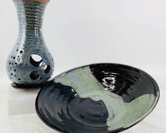 Signed "Pepin" Bowl and Pedestal Candle Holder
