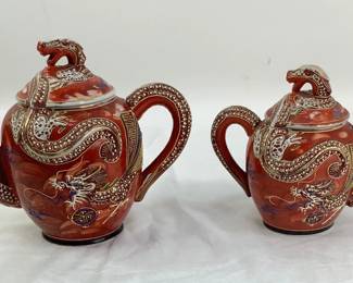 Satsuma Dragonware Teapot and covered Sugar Bowl.