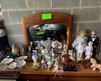 Antique figures, dishes, collectibles
Wooden dresser/mirror