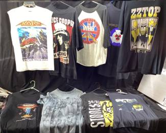 (9) ASSORTED ROCK TOUR T-SHIRTS, ZZ TOP, ALICE COOPER, BOSTON, PAUL MCCARNEY, THE WHOO, THE STONES, LED ZEPPELIN T, ALL SHIRTS HAVE BEEN WORN.