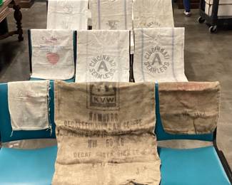 11 VTG. SEED AND FEED BAGS. PLANTERS PEANUTS, FULTON, BEMIS, ROYAL RIVER, CINCINNATI, FAGLEYS, KVW, WHITE HOUSE COFFEE