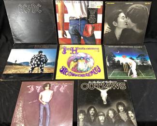 (8) VTG. ROCK & ROLL VINYL ALBUMS, AC/DC, JIMI HENDRIX, BRUCE SPRINGSTEEN, JOHN LENNON, ELTON JOHN, PINK FLOYD, THE OUTLAWS & JOHN MELLENCAMP