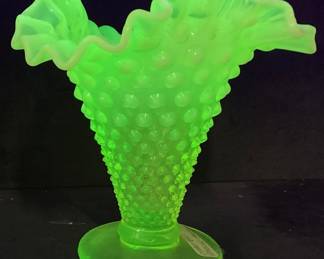 VTG. FENTON URANIUM GLASS HOBNAIL RUFFLED EDGE VASE, 7in
