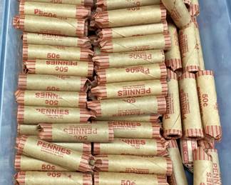 $61 FACE VALUE ASSORTED PENNIES, 122 ROLLS