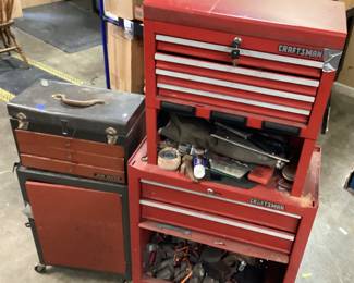 2 ROLLING TOOL CHEST WITH ASSORTED HAND TOOLS WRENCHES, HACK SAW, ELECTRICAL ACCESSORIES, NO SHIPPING PICKUP ONLY