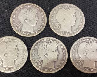 (5) BARBER HALF DOLLARS, 1897-P1897-S, 1898-P, 1898-S & 1898-O