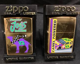 (2) ZIPPO GOLD TONE SMOKIN JOES RACING PURPLE CAMEL & GOLD TONE #23 CAMEL POWERED